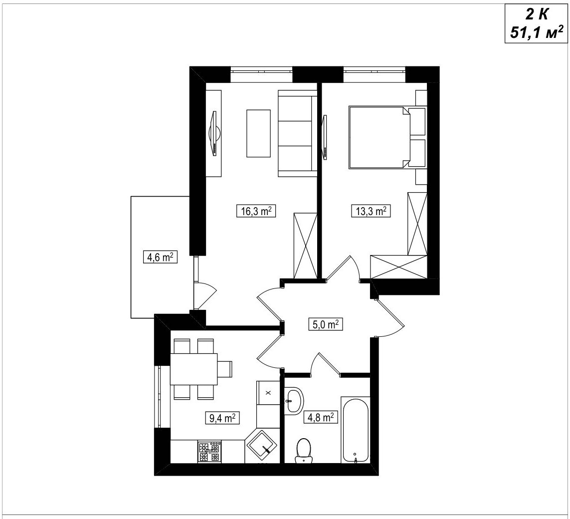 Готова 2-к квартира 51,1 м2